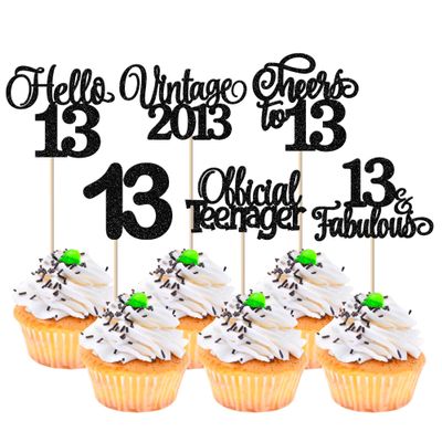 Rsstarxi 24 Pack Vintage 2013 Cupcake Toppers Glitter Hello 13 Cheers to Official Teenager 13 Fabulous Cupcake Picks Decorations for 13th Birthday Wedding Anniversary Party Cake Decorations Black