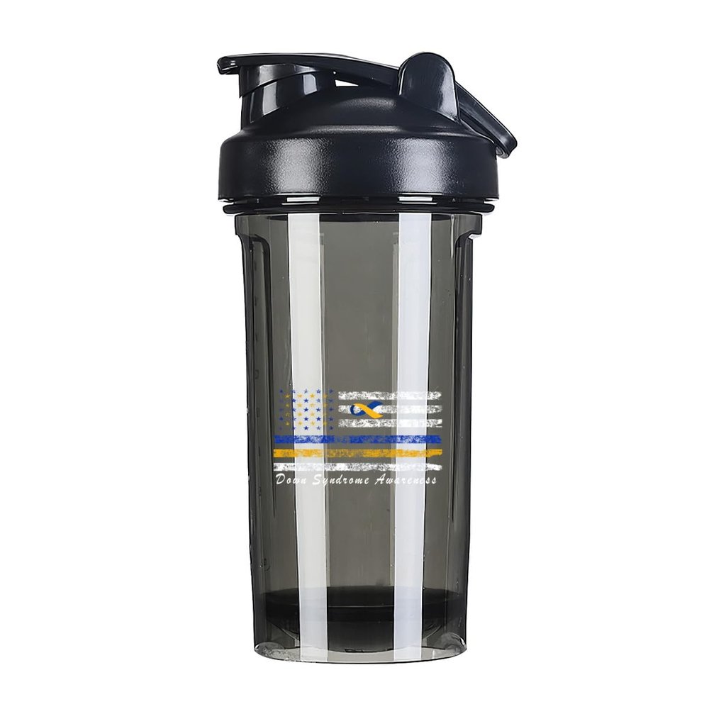 America Flag Down Syndrome Awareness Ribbon 18 Ounce Shaker Cup,Fashion Theme Pattern Shaker Bottle Leak-proof Workout Shake Bottles 500ML/18 oz Perfect for Pre Workout
