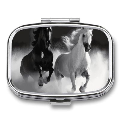 Black and White Horses Pill Box for Pocket Square Pill Box 2 Compartment Decorative Portable Travel Pill Holder Tablet Vitamin Organizer Mini Pill Case