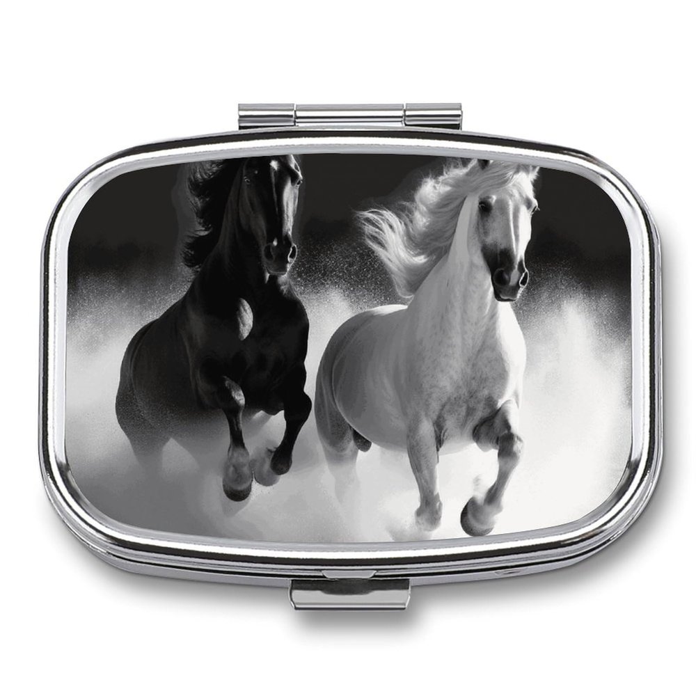 Black and White Horses Pill Box for Pocket Square Pill Box 2 Compartment Decorative Portable Travel Pill Holder Tablet Vitamin Organizer Mini Pill Case