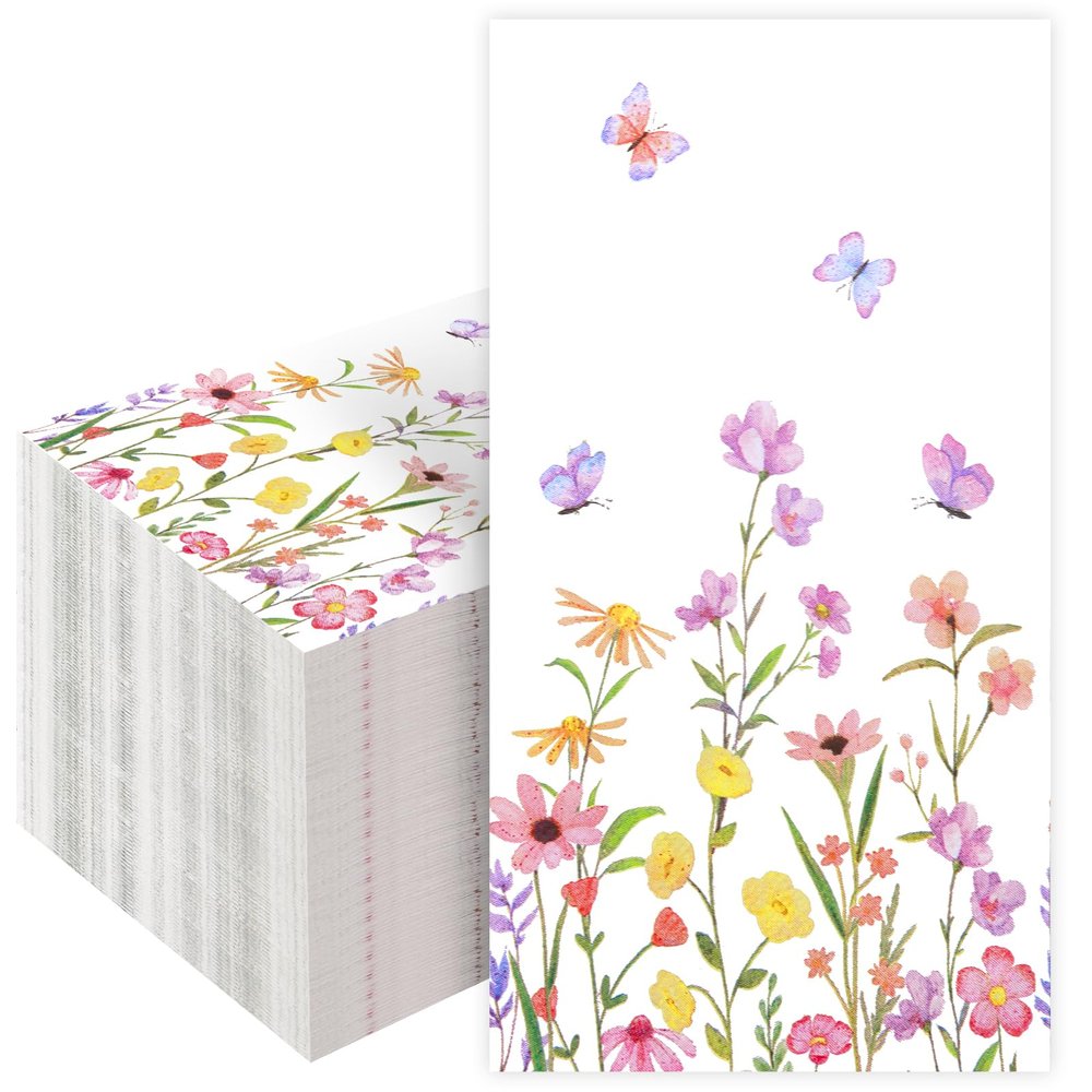 100 PCS Wildflower Guests Napkins Disposable - Spring Floral Paper Napkins Flower Butterfly Dinner Napkins for Wedding Bridal Shower Birthday Garden Tea Party Supplies
