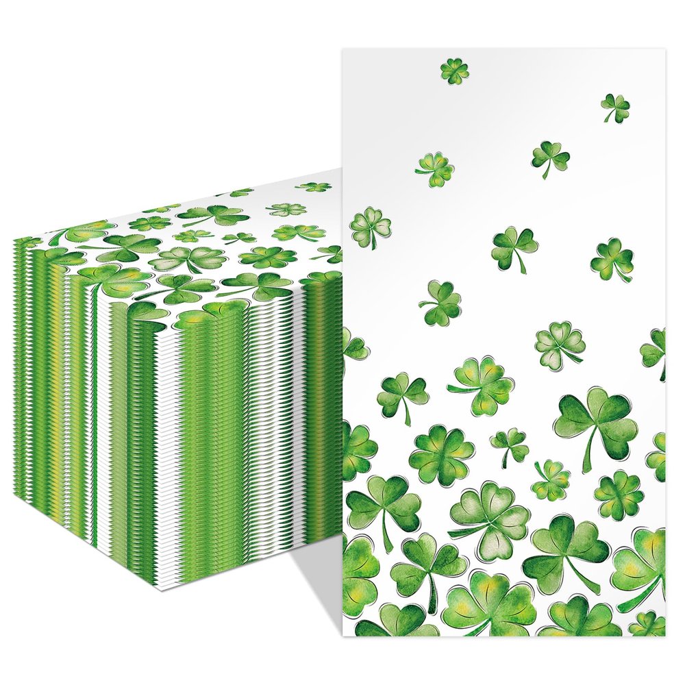 100 Pack Green Paper Napkins, 3 Ply Disposable Guest Towels with Shamrock Design for Spring Party, Wedding, Bridal Shower, Baby Shower, Bathroom, 4.3 x 7.9 Inch Folded