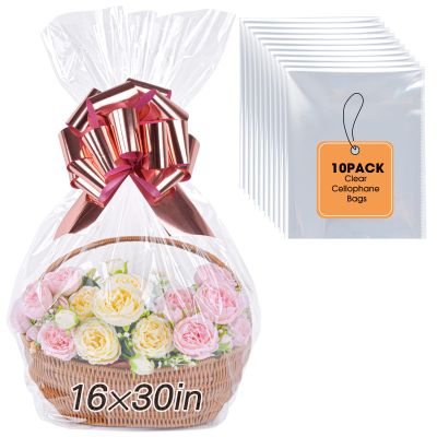 Yuiicaov 10PCS Large Cellophane Bags, 16x30 Inches Clear Cellophane Wrap for Gift Baskets, Basket Packaging Clear Gift Bags 2.8 Mil Thick
