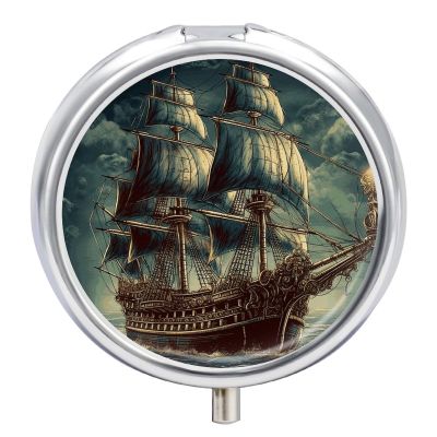 Round Metal Pill Box,Nautical Vintage Sailing Pirate Ship Printed Travel Pill Organizer Portable Pill Container Small Pill Box for Purse and Pocket for Storing Vitamins, Medicines and Supplements