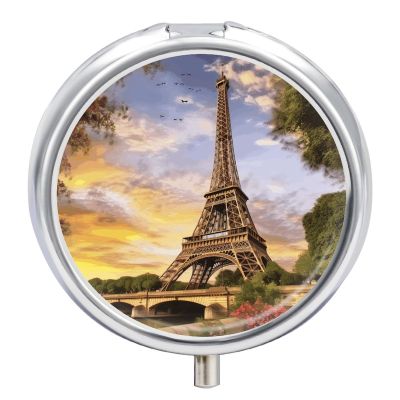 Round Metal Pill Box,Eiffel Tower Paris Printed Travel Pill Organizer Portable Pill Container Small Pill Box for Purse and Pocket for Storing Vitamins, Medicines and Supplements