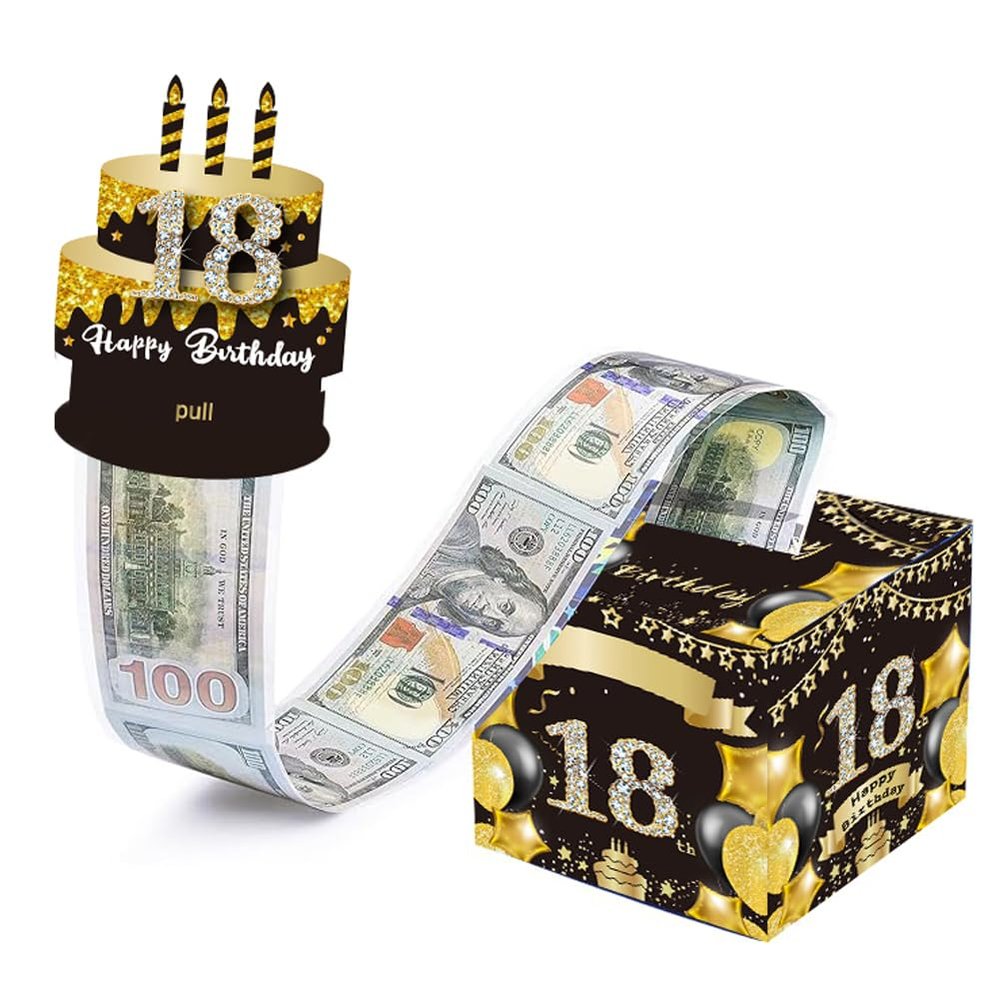 18th Birthday Gifts for Men Women, Black Gold Surprise Money Box Gift Pull, Money Box for Cash Gift Box with Cake Design, Birthday Money Box Party Decorations Supplies