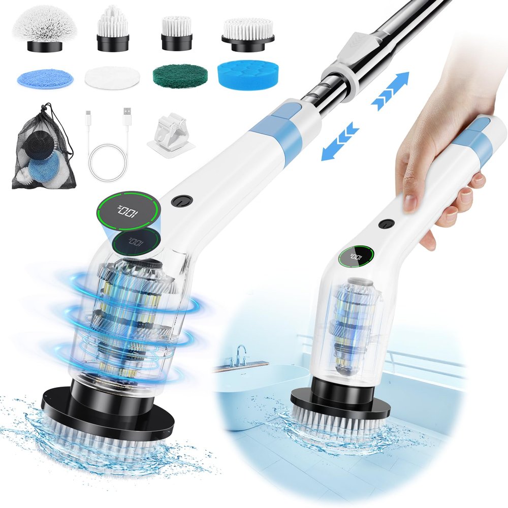 PUFTEM Electric Spin Scrubber, Cordless Shower Scrubber, Adjustable Handle