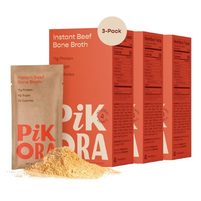 Pikora Beef Bone Broth Instant Powdered Mix (3 Pack, 12 Servings) | High-Protein, Gluten-Free, Collagen-Rich, No Sugar, Keto & Paleo Friendly | 11g Protein, 50 Calories per Serving