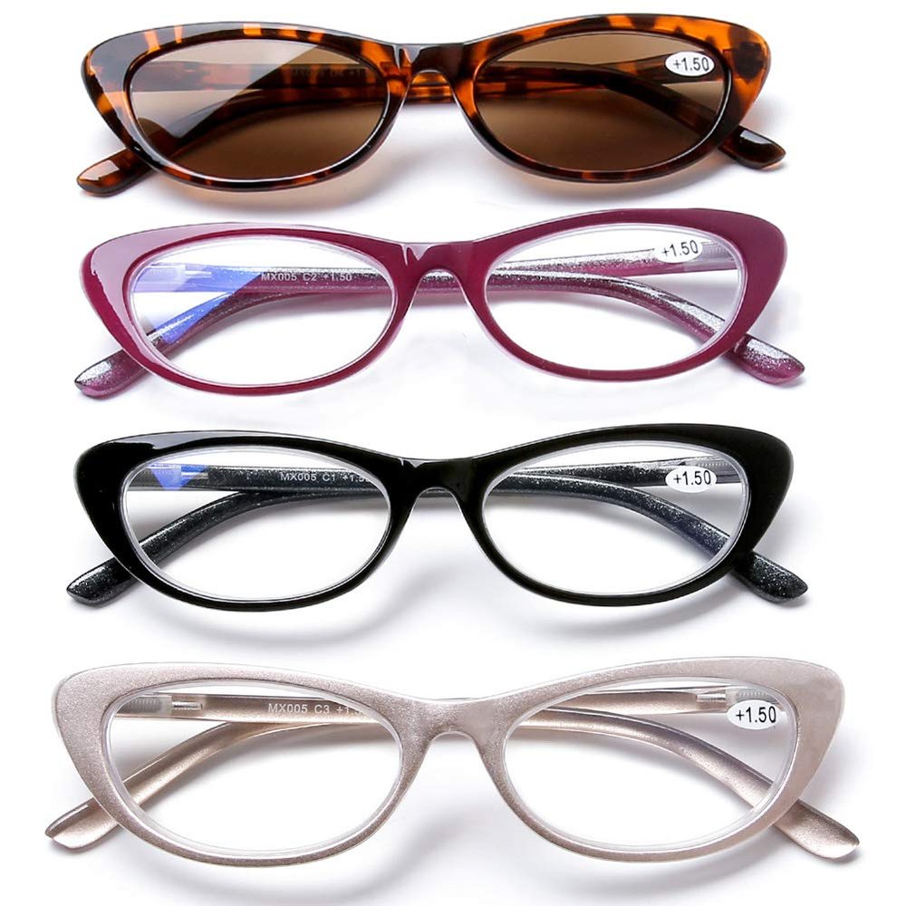 AQWANO Blue Light Blocking Reading Glasses - Computer Readers Women 4 Pair Ladies +2.25 Stylish Cat Eye Frames Anti Blue Ray Eyeglasses, with Sun Readers