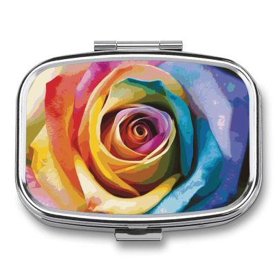 Rainbow Rose Flower Pill Box for Women Men Pocket Square Pill Case Decorative Box Medicine Vitamin Metal Pill Organizer Portable Pill Holder for Travel Unique Gift