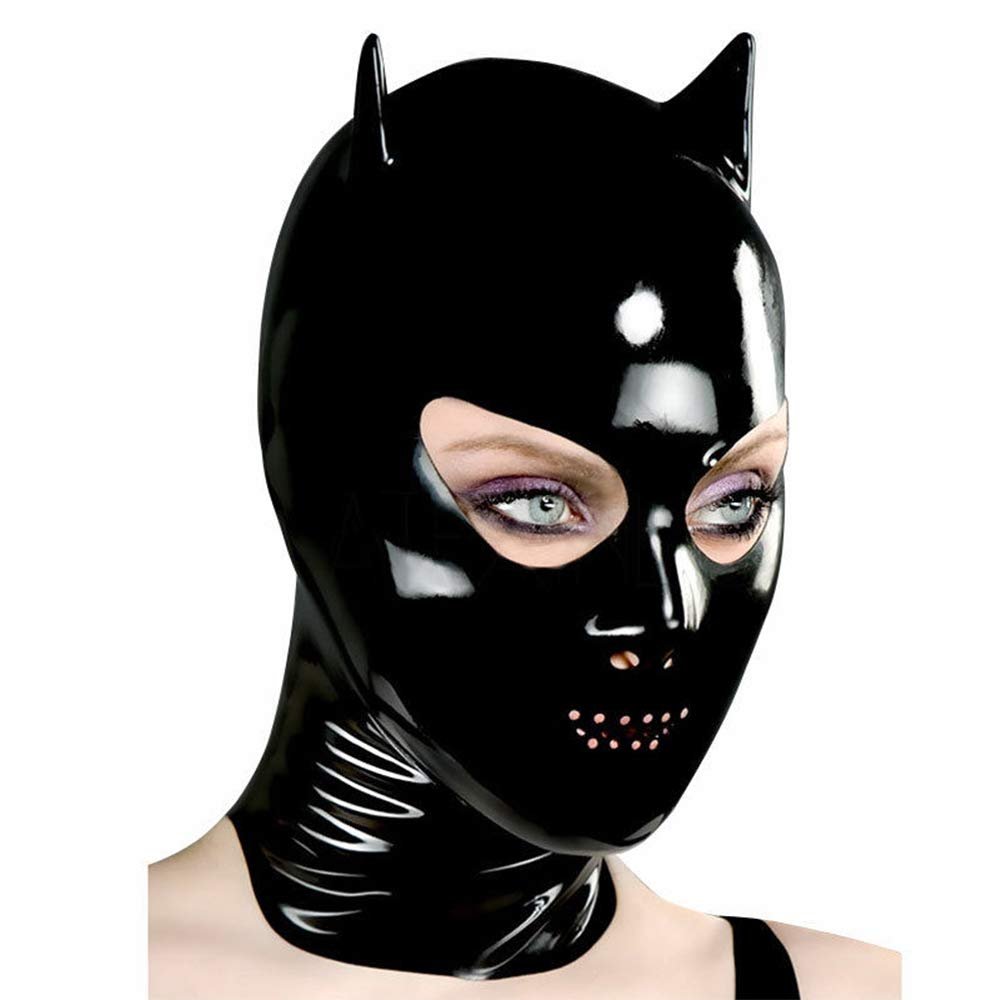 Latex Mask Black Hood Cat's ears Man woman Cellular Mouth Party 0.4mm (S)