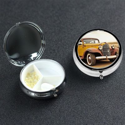 Small Pill Box 3 Compartment Antique Car Pill Box for Pocket or Purse Decorative Metal Pill Organizer Portable Travel Pillbox Round Medicine Vitamin Holder Unique Gift