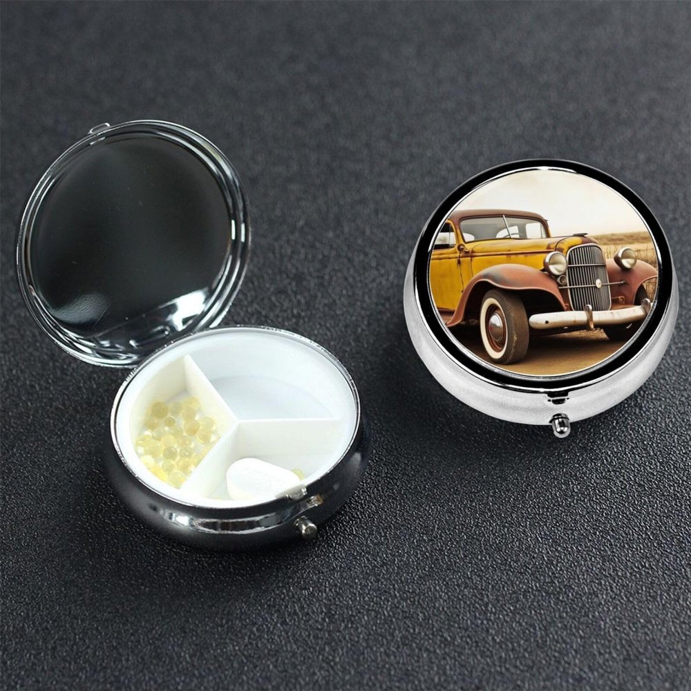 Small Pill Box 3 Compartment Antique Car Pill Box for Pocket or Purse Decorative Metal Pill Organizer Portable Travel Pillbox Round Medicine Vitamin Holder Unique Gift