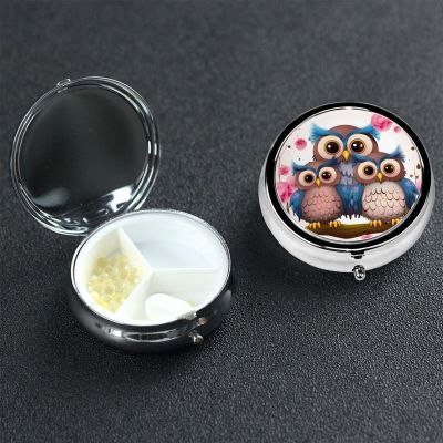 Small Pill Box 3 Compartment Cute Owls Pill Box for Pocket or Purse Decorative Metal Pill Organizer Portable Travel Pillbox Round Medicine Vitamin Holder Unique Gift
