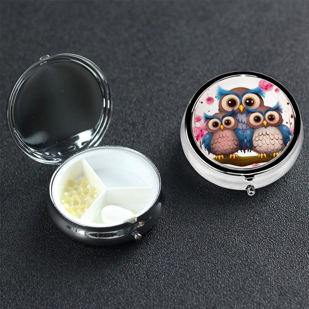 Small Pill Box 3 Compartment Cute Owls Pill Box for Pocket or Purse Decorative Metal Pill Organizer Portable Travel Pillbox Round Medicine Vitamin Holder Unique Gift