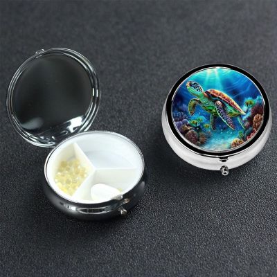 Small Pill Box 3 Compartment Sea Turtles Diamond Painting Pill Box for Pocket or Purse Decorative Metal Pill Organizer Portable Travel Pillbox Round Medicine Vitamin Holder Unique Gift