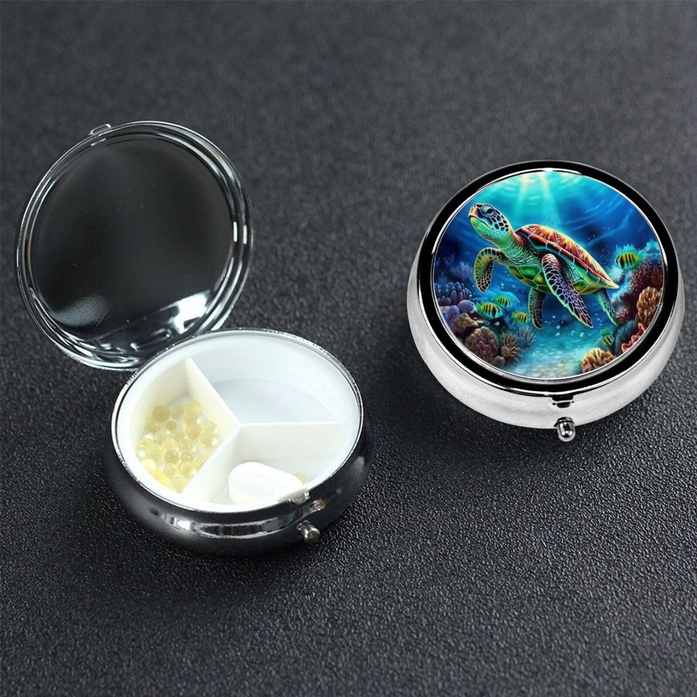 Small Pill Box 3 Compartment Sea Turtles Diamond Painting Pill Box for Pocket or Purse Decorative Metal Pill Organizer Portable Travel Pillbox Round Medicine Vitamin Holder Unique Gift