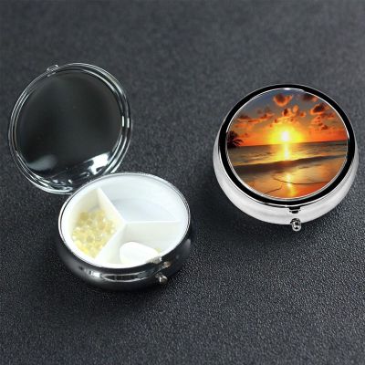 Small Pill Box 3 Compartment Beach Sunrise Pill Box for Pocket or Purse Decorative Metal Pill Organizer Portable Travel Pillbox Round Medicine Vitamin Holder Unique Gift