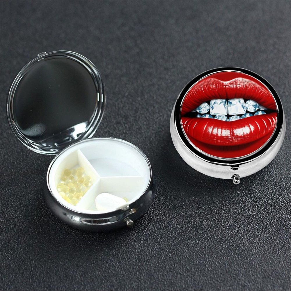Small Pill Box 3 Compartment Red Lips with Diamond Pill Box for Pocket or Purse Decorative Metal Pill Organizer Portable Travel Pillbox Round Medicine Vitamin Holder Unique Gift
