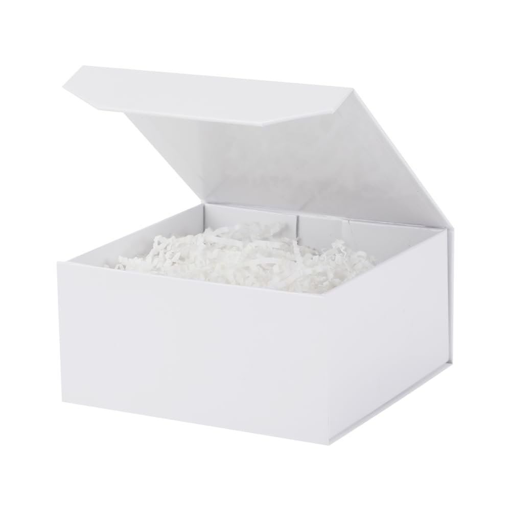 1 Pcs 6x6x3 Inch White Magnetic Gift Box Small Magnetic Box with Crinkle Paper White Small Gift Box with Shredded Paper Luxury Gift Boxes with Lids for Presents