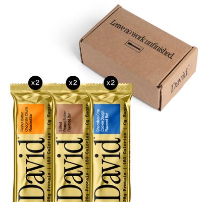 David High Protein Bars - 0g of Sugar, Low Carb, Gluten Free - 28g of Protein, 150 Calories - Variety 6 Pack (2x Peanut Butter Chocolate Chunk, 2x Chocolate Chip Cookie Dough, 2x Salted Peanut Butter)