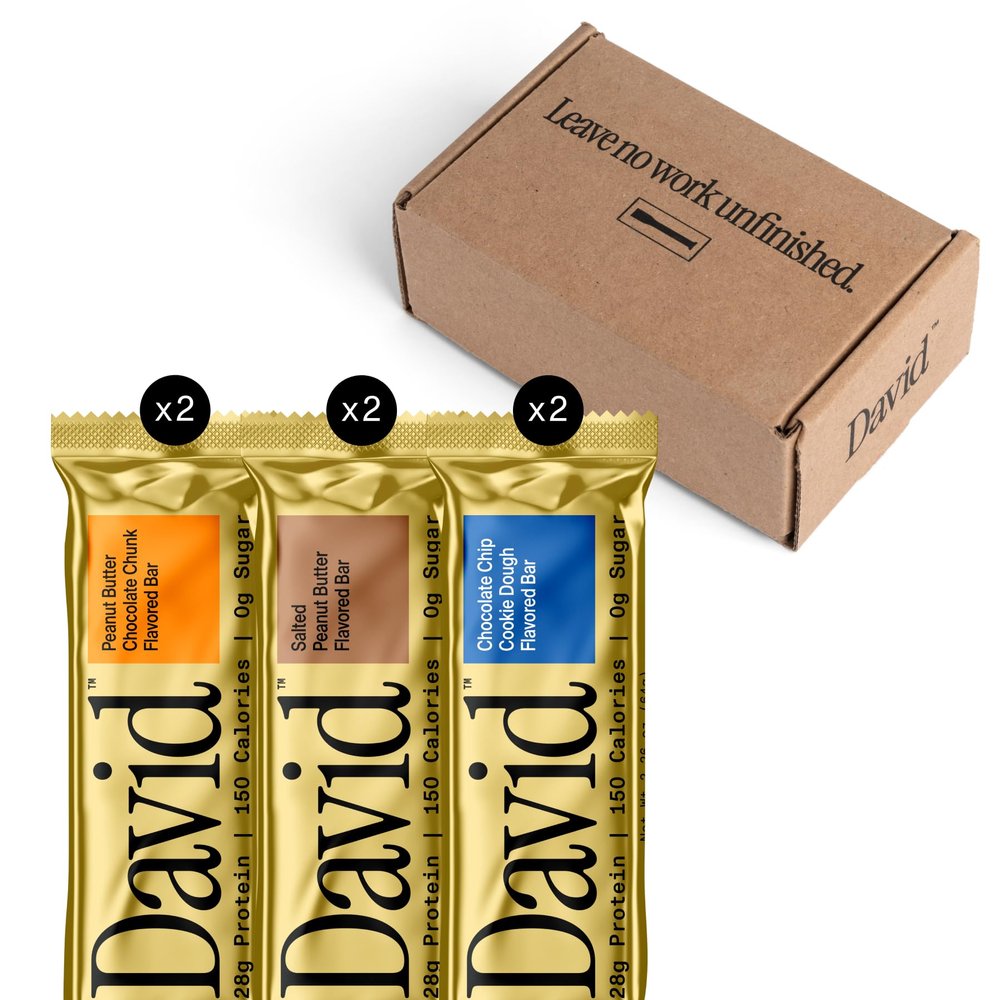 David High Protein Bars - 0g of Sugar, Low Carb, Gluten Free - 28g of Protein, 150 Calories - Variety 6 Pack (2x Peanut Butter Chocolate Chunk, 2x Chocolate Chip Cookie Dough, 2x Salted Peanut Butter)