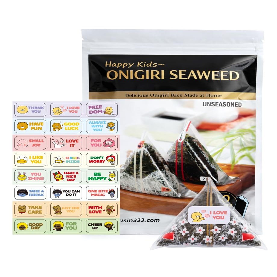 Korean Seaweed Wrappers for Triangular Onigiri Rice Ball 50 Sheets | 50 Standard + 24 Extra Sealing Stickers (Total 74) - Twice Roasted Onigiri Seaweed, Nori, Sushi, Easy Cook, Korean Food