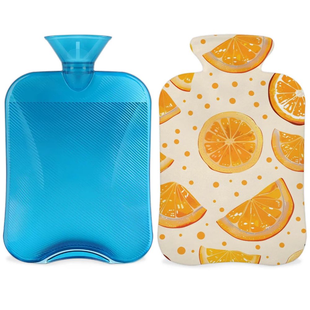 Hsnar Hot Water Bottle with Cover 2L Hot Water Bag for Hot and Cold Compress Menstrual Cramps Neck and Shoulder Pain Relief Hand Feet Warmer Sweet Orange Fruit