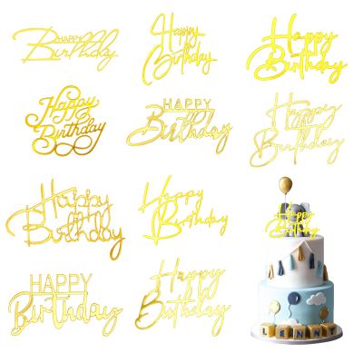 10 Pcs Gold Happy Birthday Cake Toppers, Acrylic Letter Birthday Cake Decorations,Happy Birthday Side Cake Topper for Celebration Birthday Party