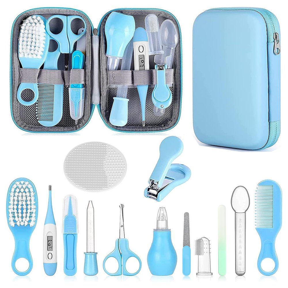 Baby Grooming Kit, Infant Safety Care Set with Hair Brush Comb Nail Clipper Nasal Aspirator,Baby Essentials Kit for Newborn Girls Boys (Blue)