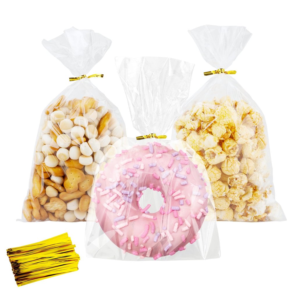 100 PCS Cellophane Treat Bags, Cidenbio 6x10 In Clear Cellophane Gift Bags with Twist Ties Plastic Goodie Bag for Party Favor Cookie Candy Popcorn Bakery Chocolate Gift Wrapping