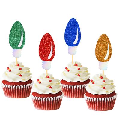 24pcs Glitter Christmas Light Cupcake Toppers, Merry Christmas Cake Decorations Pick for Party, New Year Ceremony Party Cake Decorations Supplies (Light)