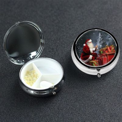 Small Pill Box 3 Compartment Merry Christmas Santa's Gift Pill Box for Pocket or Purse Decorative Metal Pill Organizer Portable Travel Pillbox Round Medicine Vitamin Holder Unique Gift