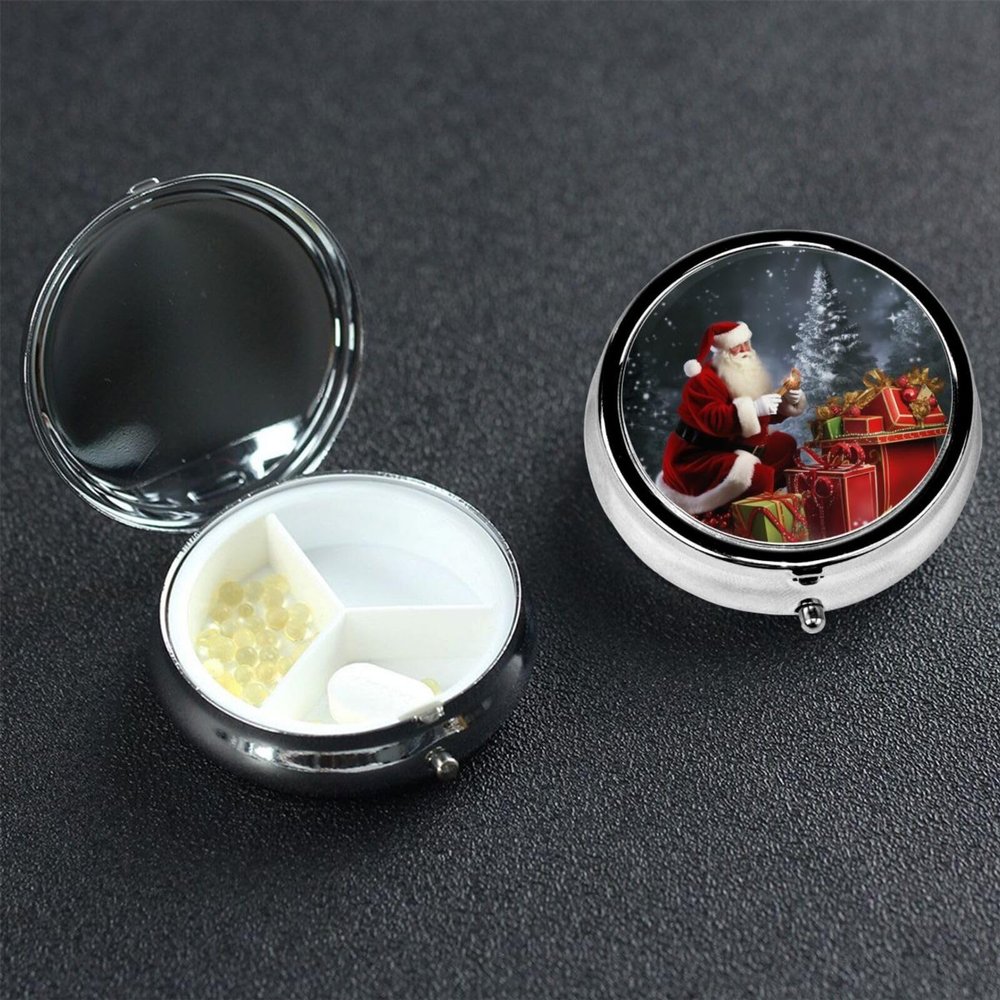 Small Pill Box 3 Compartment Merry Christmas Santa's Gift Pill Box for Pocket or Purse Decorative Metal Pill Organizer Portable Travel Pillbox Round Medicine Vitamin Holder Unique Gift