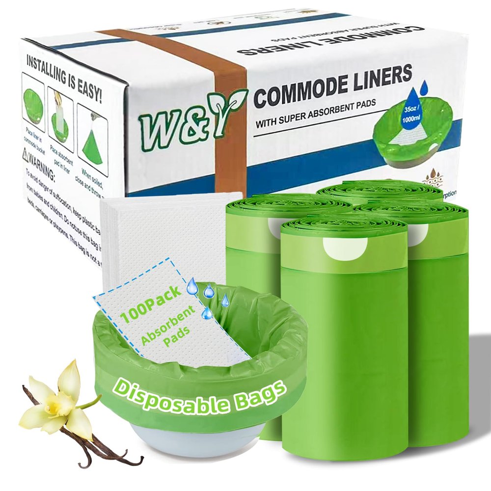Bedside Commode Liners with Absorbent Pads,100 Bags+100Pads-Vanilla Scented