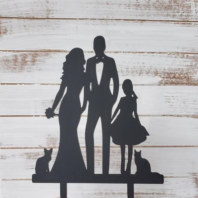 Blended Family Wedding Cake Topper,Family Wedding,Wedding Cake Topper,Silhouette Wedding,Cake Topper With Girl,Topper With Cats for Event Celebration Party Cake Decoration Supplies.