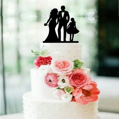 Bride and Groom Silhouette Wedding Cake Topper With a Daughter Bride and Groom Dancing Cake Topper Little Girl Family Toddler Blended Family for Proposal,Wedding,Engagement,Birthday,Anniversary.