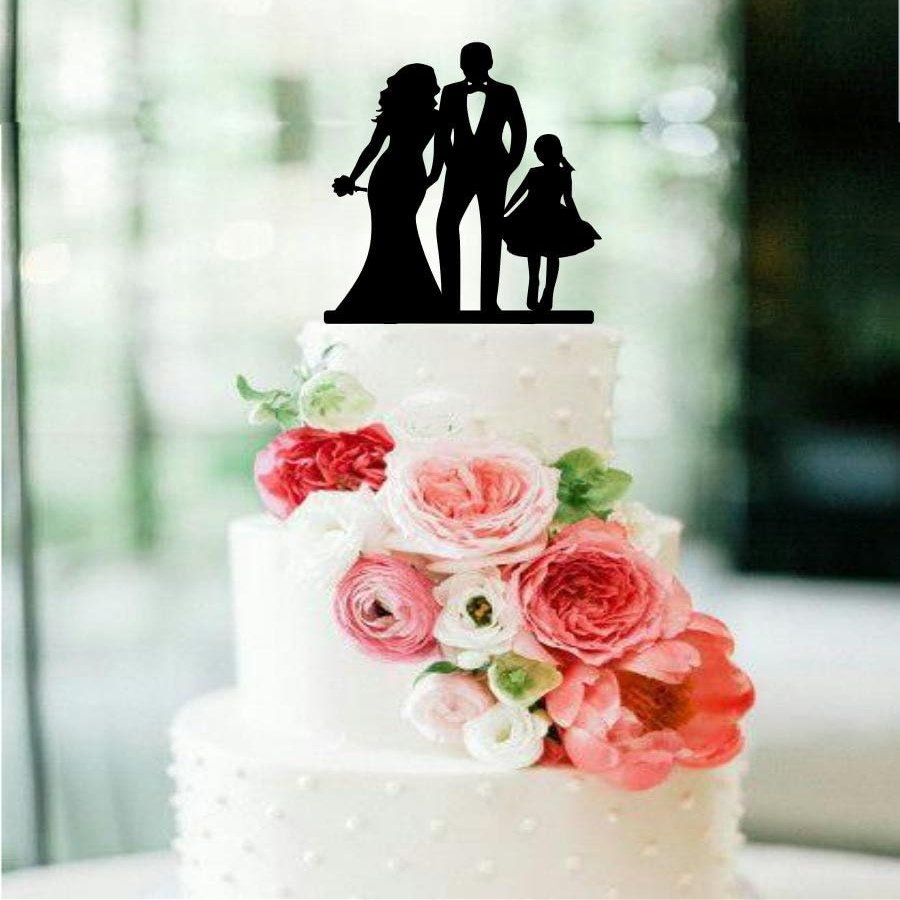 Bride and Groom Silhouette Wedding Cake Topper With a Daughter Bride and Groom Dancing Cake Topper Little Girl Family Toddler Blended Family for Proposal,Wedding,Engagement,Birthday,Anniversary.