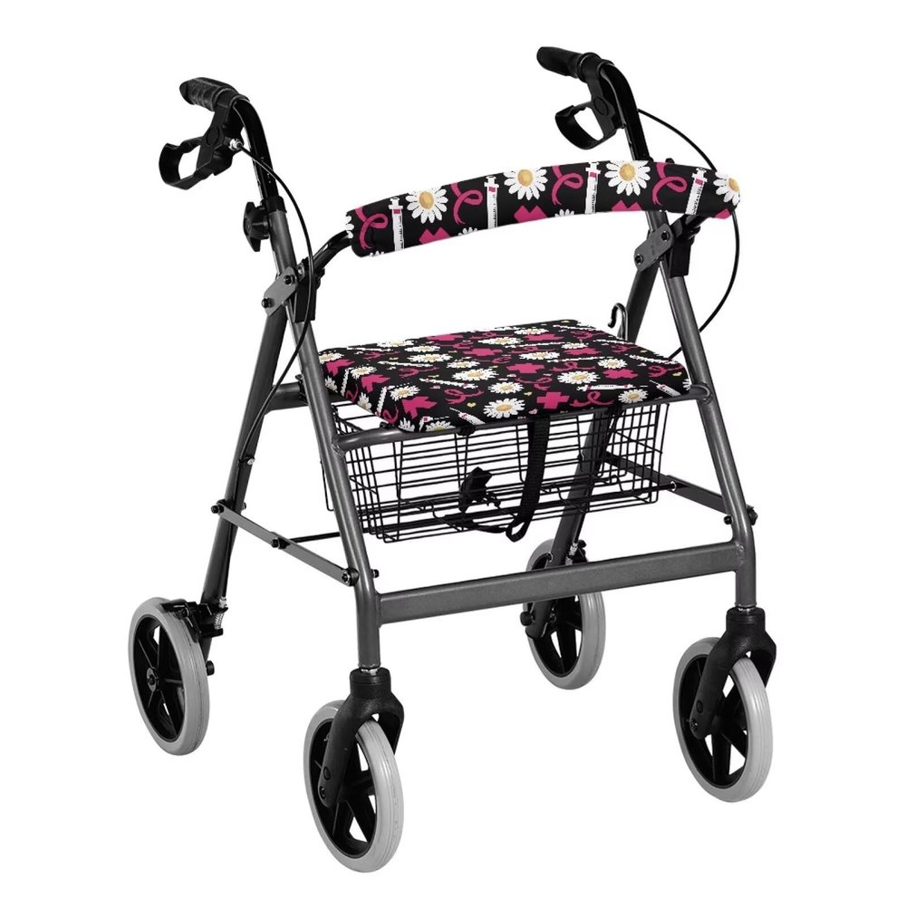 ZOUTAIRONG Daisy Floral Rollator Walker Seat and Backrest Covers Non-Slip Pink Ribbons Rollator Walker Seat Cushion Cover Reusable Walker Seat Covers for Seniors