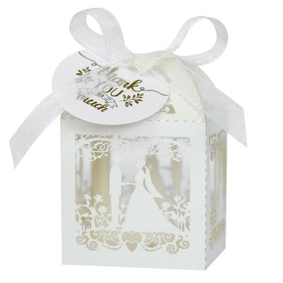 EUBUY 50 pcs Wedding Candy Boxes, Wedding Favors Candy Boxes with Ribbons and Tags, Holllow Cut Couple Design Party Candy Gift Boxes for Wedding Attendees
