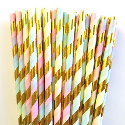 100 pcs Metallic Gold Foil Stripe Rainbow Paper Straws, Colorful Blue Yellow Pink Ombre Pride Party Drinking Straws, Kids Gender Reveal Baby Shower Birthday Cake Pop Sticks (Rainbow/Gold Foil Stripe)