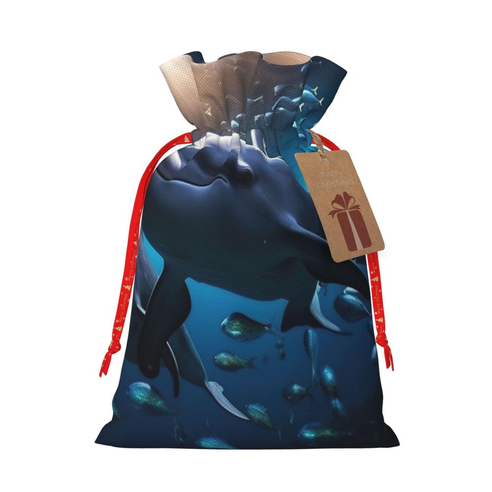 Pyjwyfmy Sea Animals Stingrays Print Christmas Gift Bags,Santa Wrapping Bag,Christmas Canvas Gift Bags With Drawstrings,Present Bag