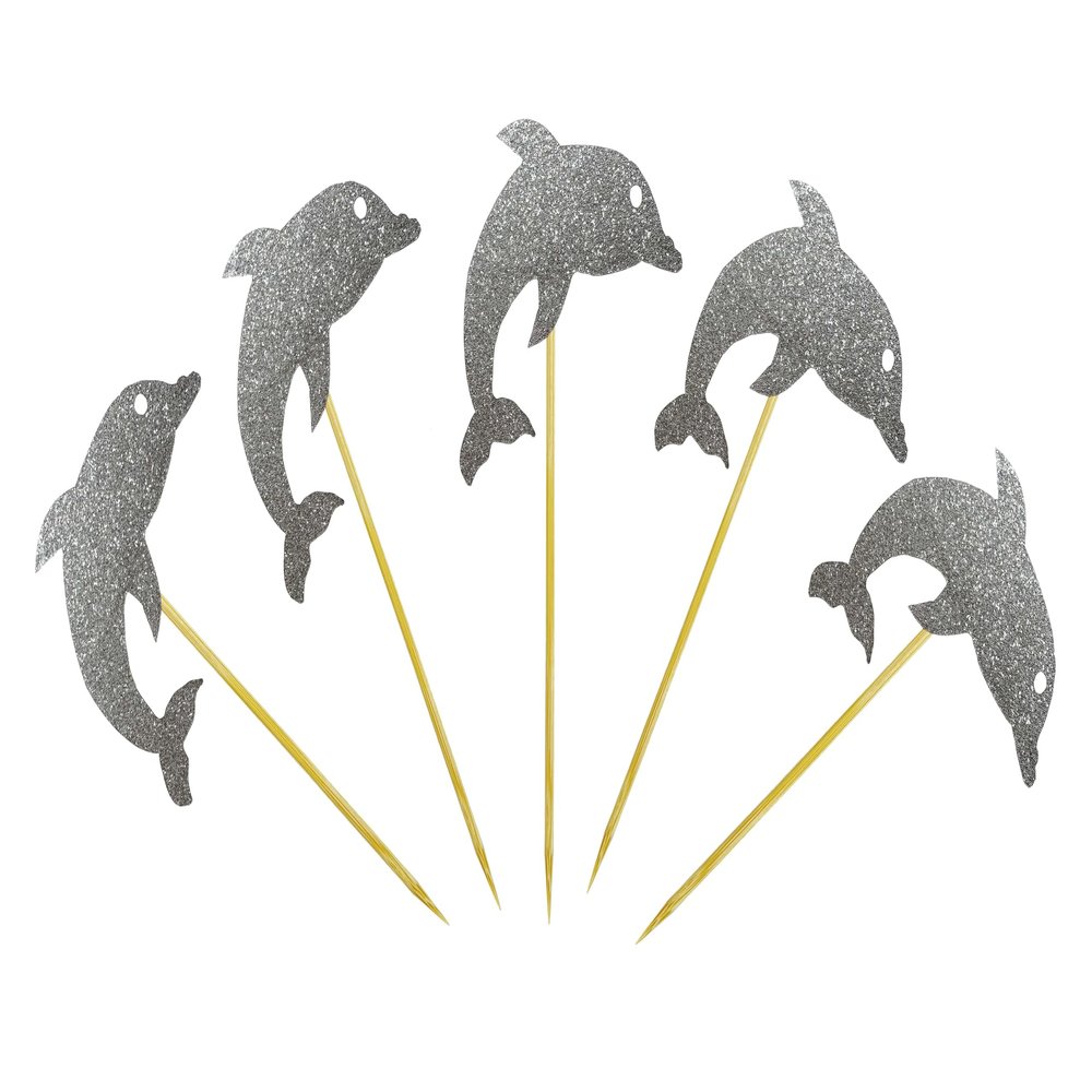60 Pcs Dolphin Cupcake Toppers, Glittery Dolphin Cupcake Toppers, Fruit Picks, Sea Theme Twinkle Party Cupcake Topper For Birthday Party Wedding Baby Shower Decoration (Silver)