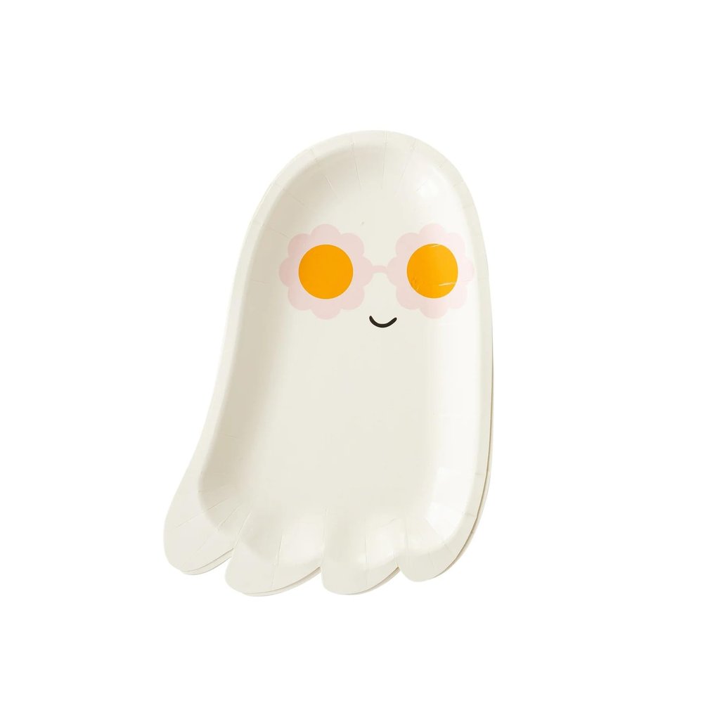 My Mind's Eye Halloween Ghost Paper Plates with Sunglasses Hey Pumpkin Ghost Shaped Plates, 8-Pack Cute & Whimsical Kids Party Disposable Tableware 9x6 Inch