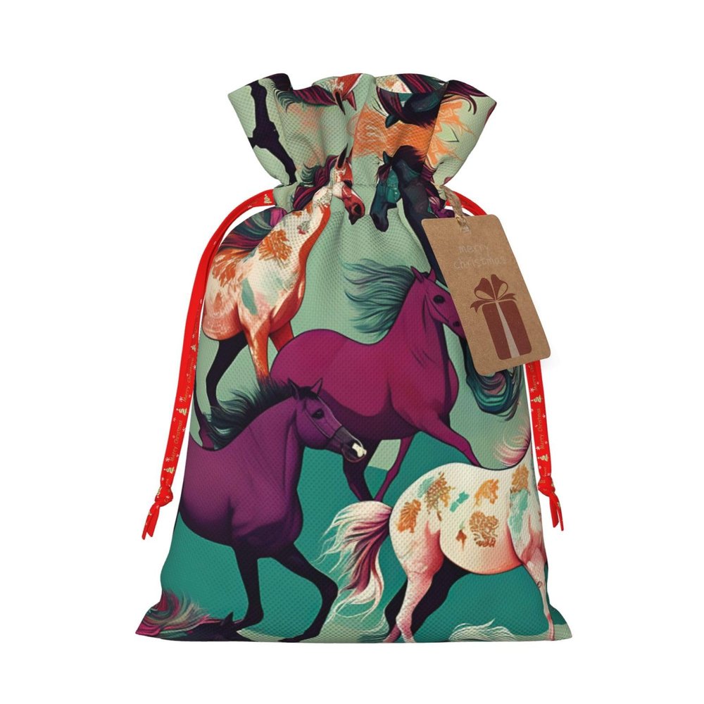 Pyjwyfmy Various Kinds Of Horses Print Christmas Gift Bags,Santa Wrapping Bag,Christmas Canvas Gift Bags With Drawstrings,Present Bag