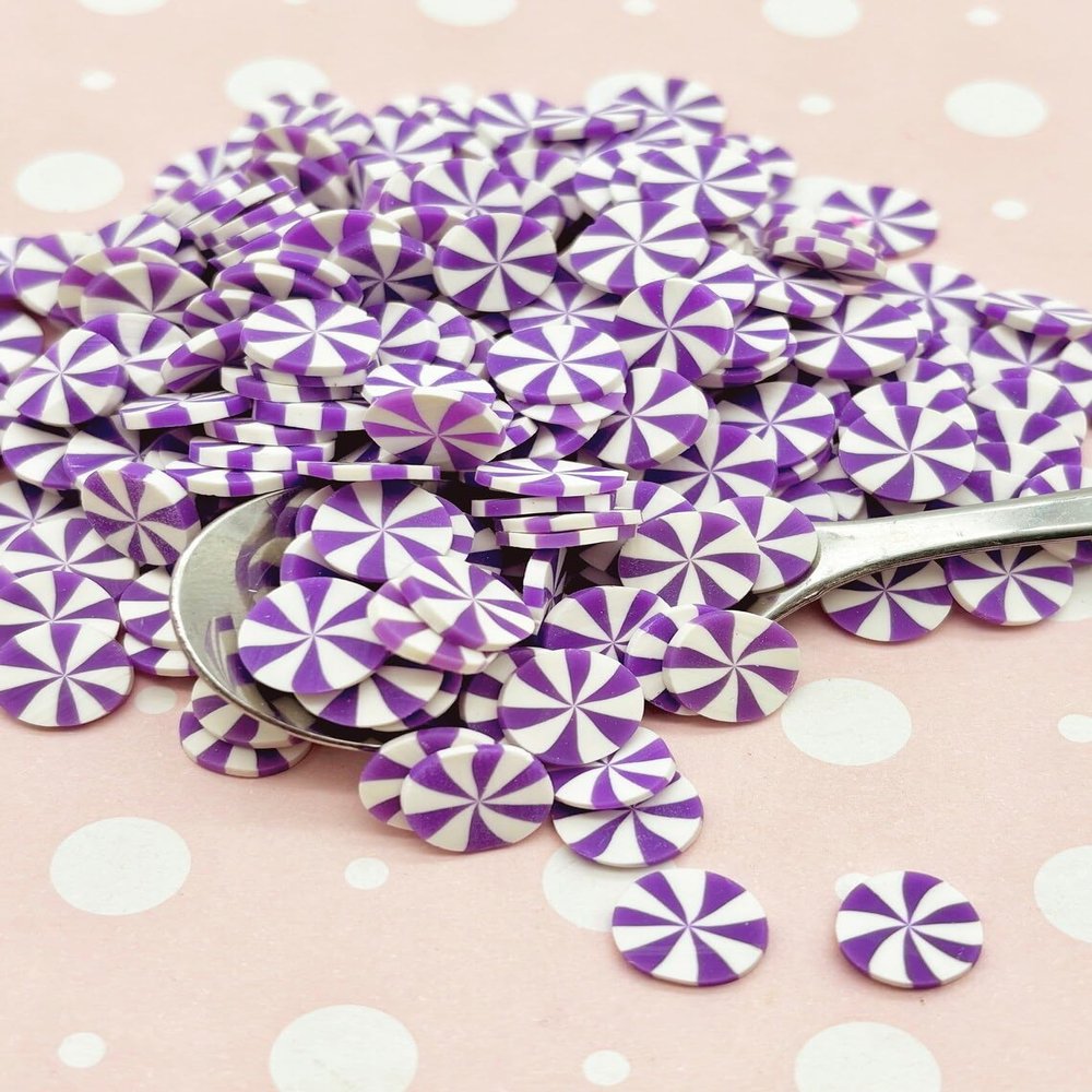 10mm Purple Peppermint Polymer Clay Sprinkles, Larger Fake Mint Candy Slices, Dessert Nail Art, Miniature Faux Candy - Non Edible (30 gram Bag)