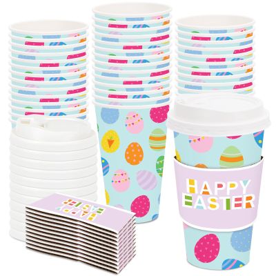 JarThenaAMCS 48 Set Happy Easter Disposable Coffee Cups with Lids and Sleeves 16 Oz Colorful Cute Easter Eggs Paper Drinking Cups To Go Coffee Cup for Spring Holiday Party Supplies