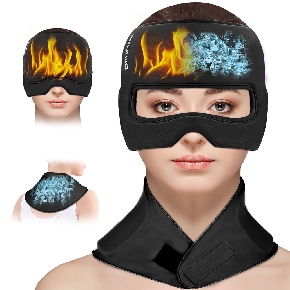 Blihouse 3-in-1 Migraine Relief Cap with Gel Eye Mask & Neck Ice Pack, Hot & Cold Therapy for Headaches, Sinus, Puffy Eyes, Reusable Headache Relief Gifts for Women & Men Black, Large