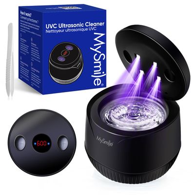MySmile Dental Ultrasonic Retainer Cleaner Machine- 45kHz UV Denture Cleaner with 200ML Capacity for Aligner, Braces, Mouth Guard, Night Guard, Portable Dental Cleaning Pod with Digital Timer (Black)