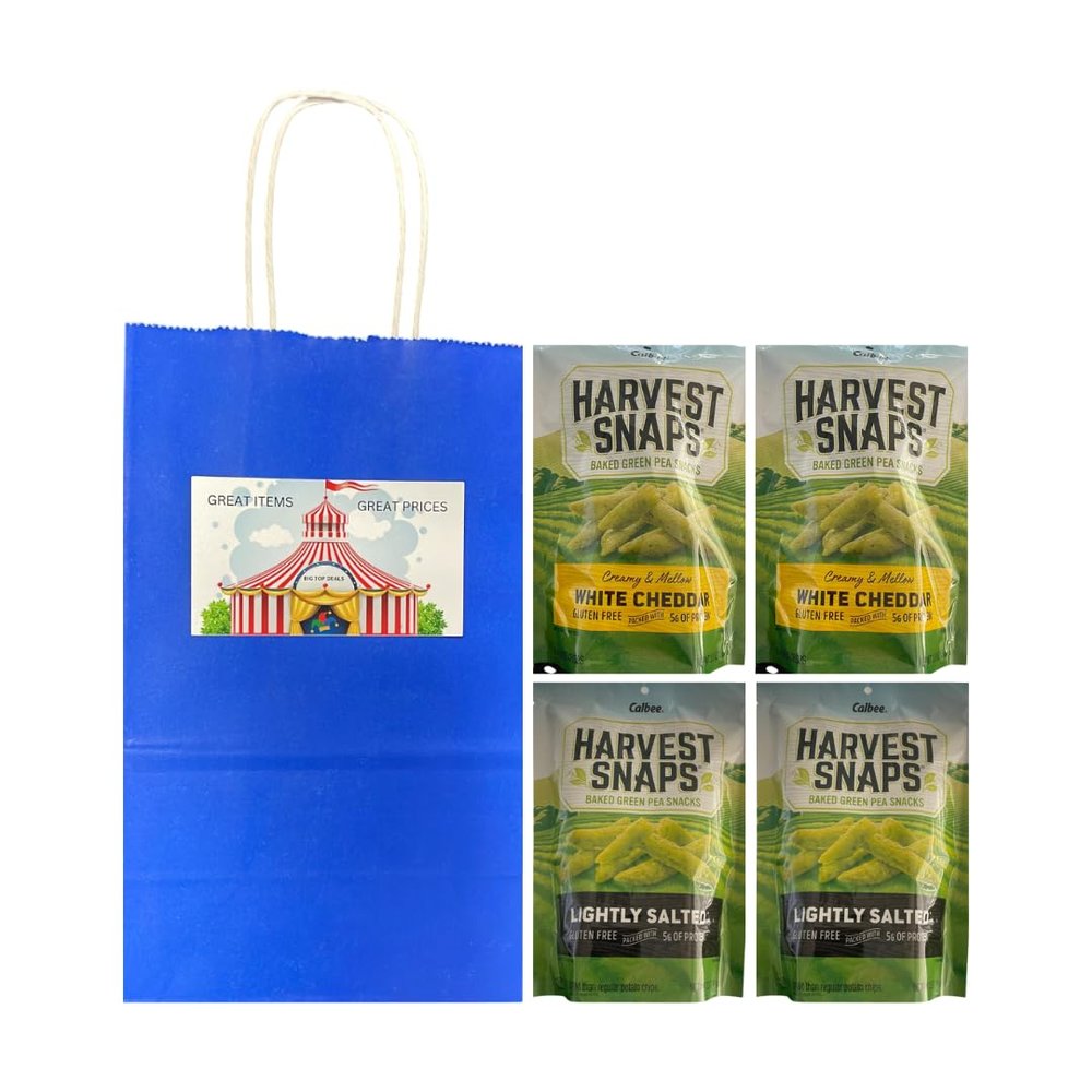 Big Top Deals USA Custom Bundle Snaps Veggie Chips - Lightly Salted & White Cheddar, 4-Pack (2 Bags of Each Flavor) - 5.25x3.2x8 Blue Paper Bag Packaging